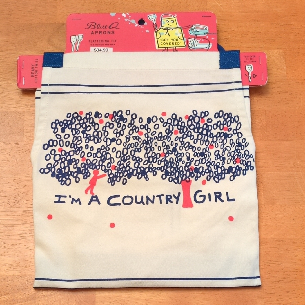 Blue Q Cream Apron Panel with Blue and Red Tree Design - "I'm a Country Girl"
